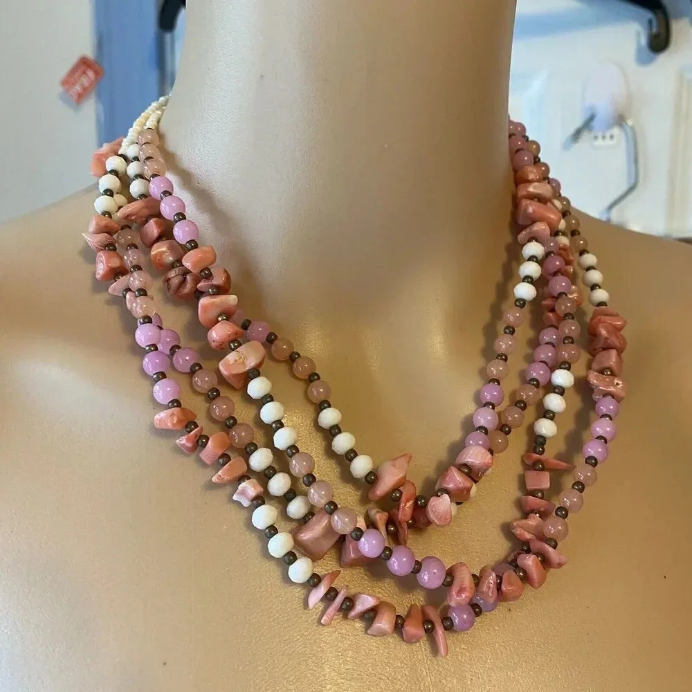 VTG Costume Jewelry 4Strands Sequins Beads Statement Necklace Multi Color Fairy